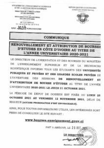 Lire la suite à propos de l’article RENOUVELLEMENT ET ATTRIBUTION DE BOURSES D’ETUDES EN COTE D’IVOIRE AU TITRE DE L’ANNEE UNIVERSITAIRE 2020-2021